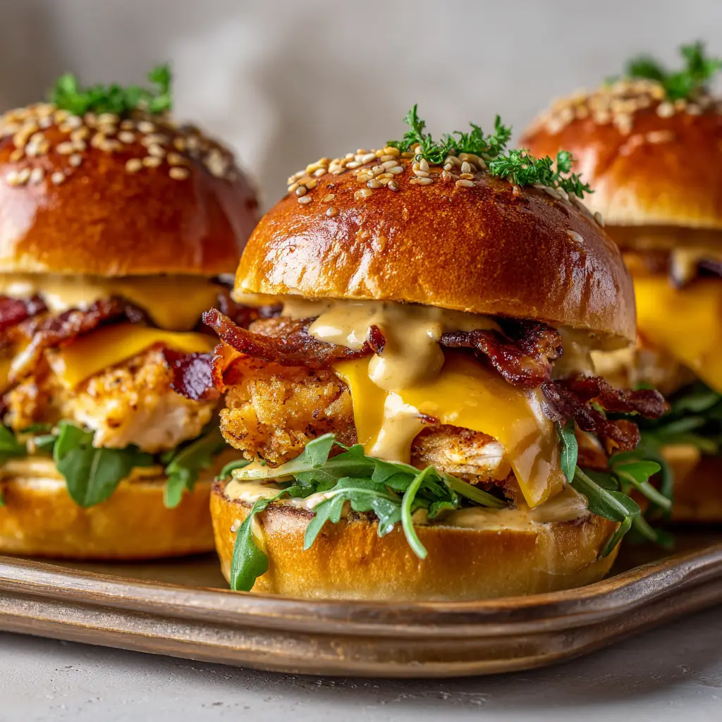 BLT Chicken Sliders with Honey-Mustard Aioli 3 A plate of freshly assembled honey mustard chicken BLT sliders, ready to be served as an easy party appetizer.