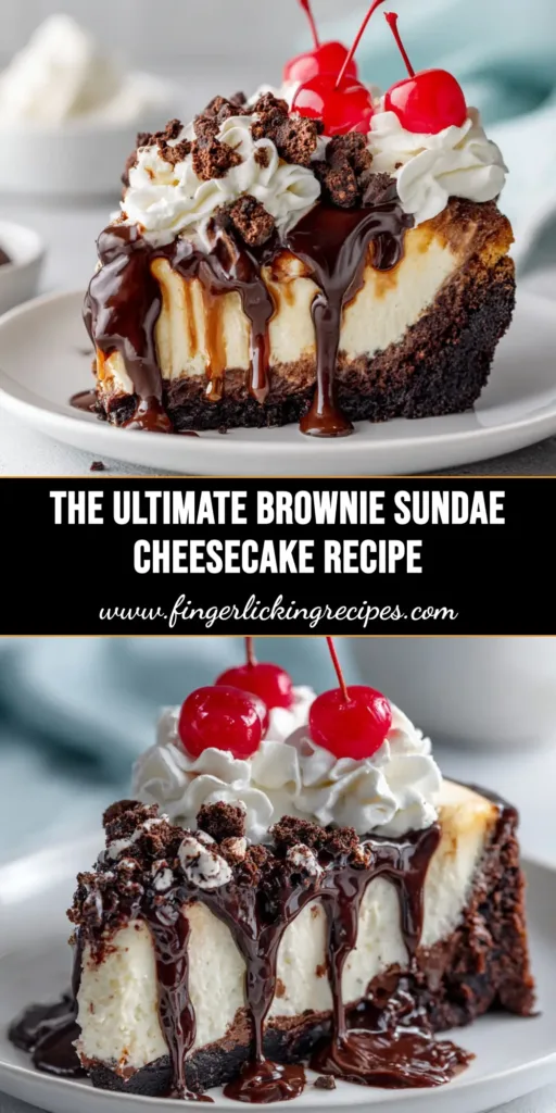 Hot Fudge Sundae Brownie Cheesecake: The Ultimate Decadent Dessert 5 A decadent slice of Hot Fudge Sundae Brownie Cheesecake on a white plate, topped with hot fudge, whipped cream, sprinkles, and a cherry.