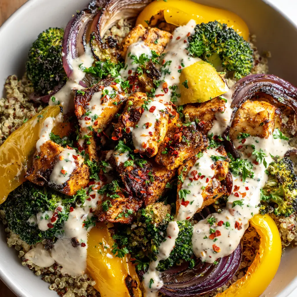 Assembling the Lemon Tahini Chicken and Veggie Bowls. The image shows the components - quinoa, chicken, and roasted vegetables - being arranged in a white bowl before adding the dressing.