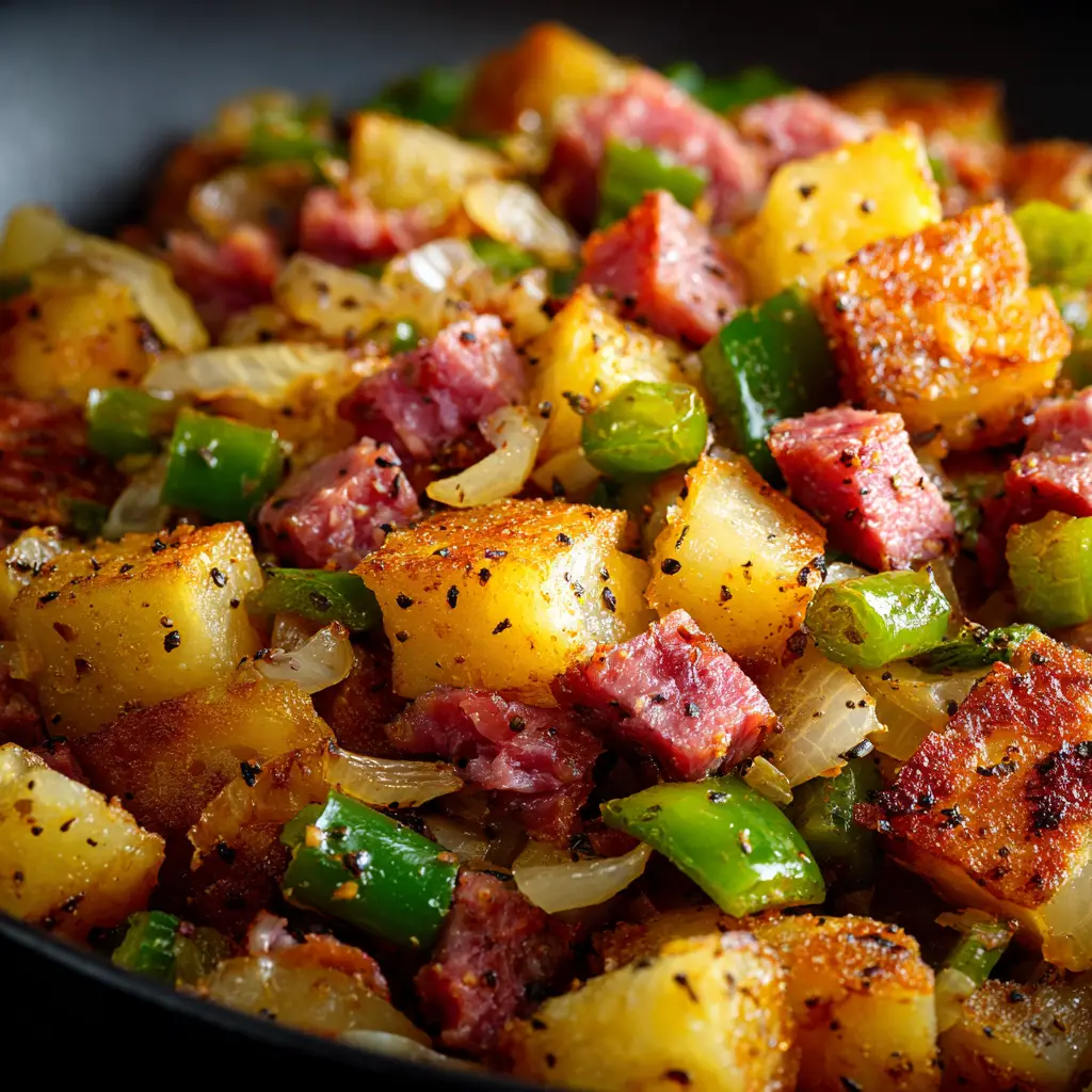 Corned Beef Hash: The Ultimate Recipe for a Crispy, Flavorful Breakfast 3 An extreme close-up shot of corned beef and potato hash being pressed into a hot skillet to create a crispy crust.