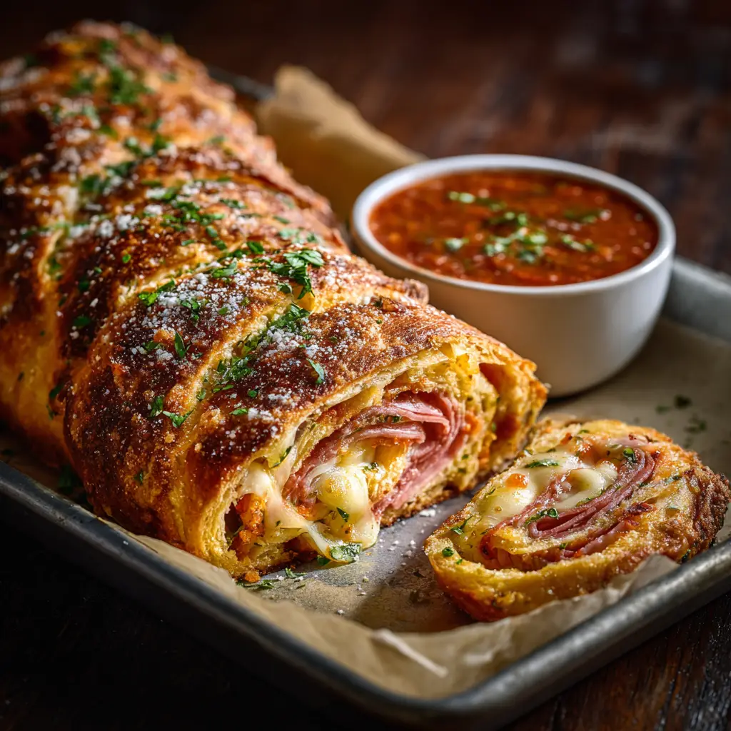 The process of rolling the stromboli dough filled with layers of provolone, ham, and pepperoni on a parchment-lined baking sheet before baking.