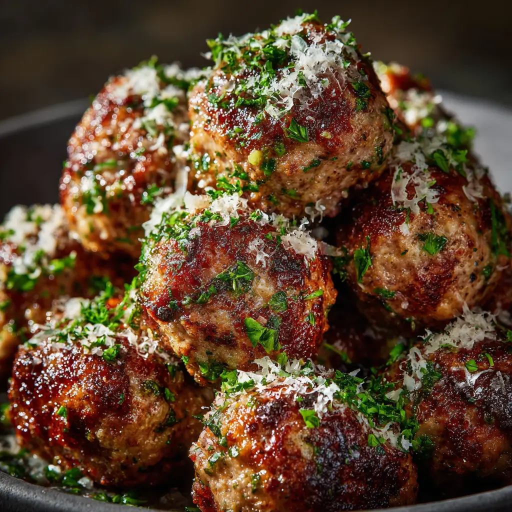 A bowl of garlic parmesan chicken meatballs served with a side of marinara sauce, illustrating a delicious serving suggestion for the recipe.