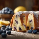 The process of making a fresh lemon blueberry cake batter in a glass bowl, with fresh blueberries and lemon zest visible.
