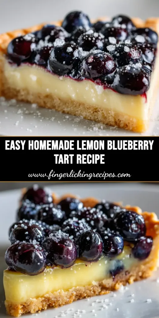 A beautiful overhead shot of the finished Lemon Blueberry Tart Recipe, showing the golden crust, vibrant yellow filling, and purple blueberries.