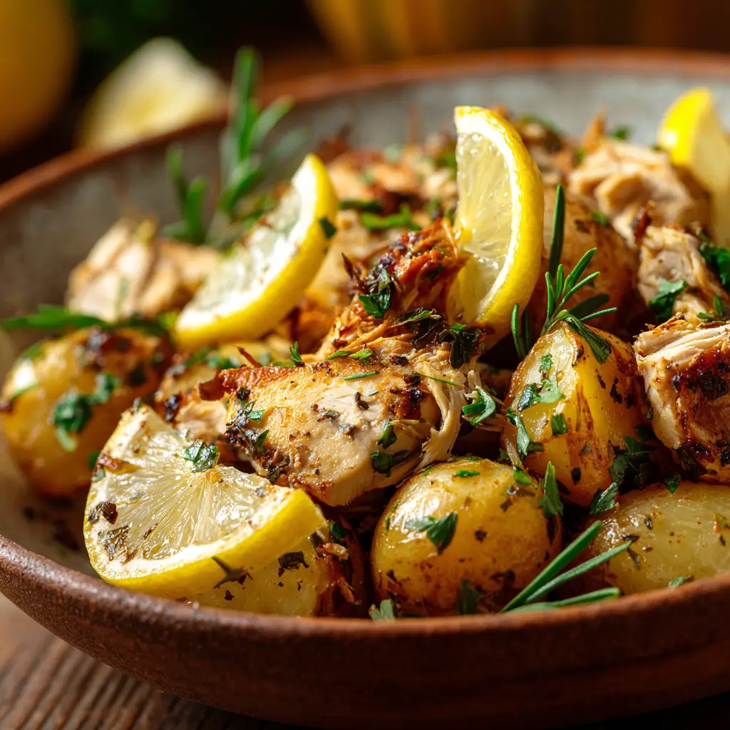 A beautiful serving of slow cooker lemon chicken on a plate with roasted asparagus and a lemon wedge, ready to eat.