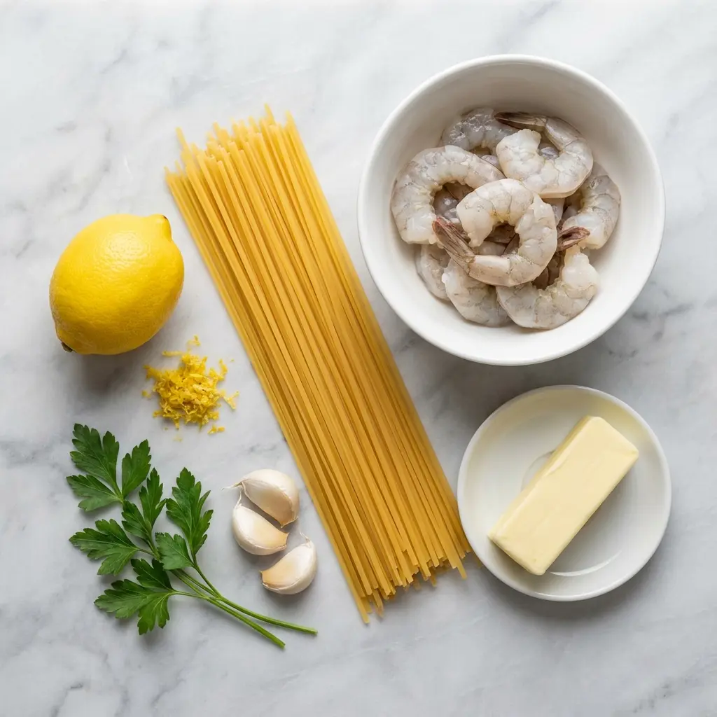 An overhead flat lay of the ingredients for lemon garlic butter shrimp pasta: linguine, shrimp, lemon, garlic, and parsley.