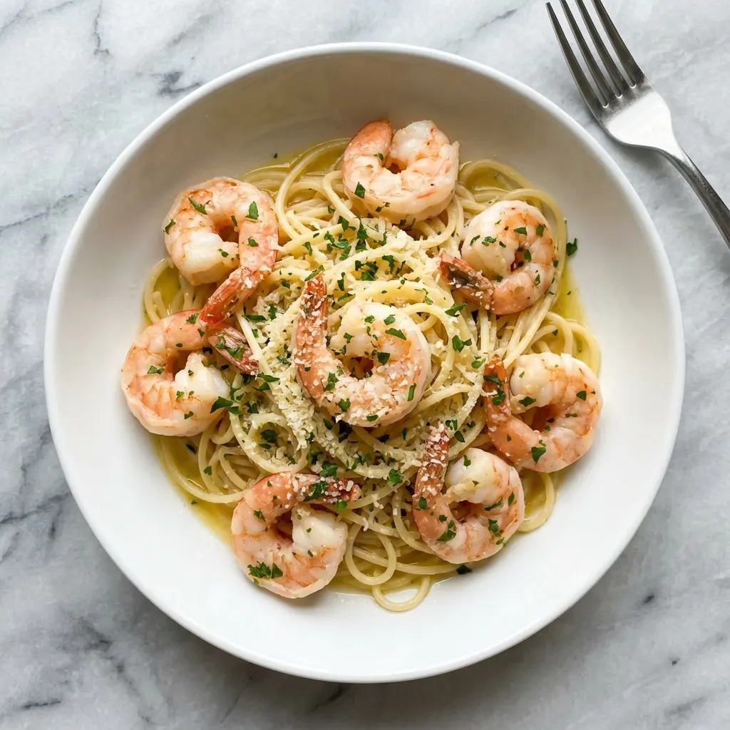 An overhead flat lay view of a bowl of lemon garlic butter shrimp pasta on a marble background.