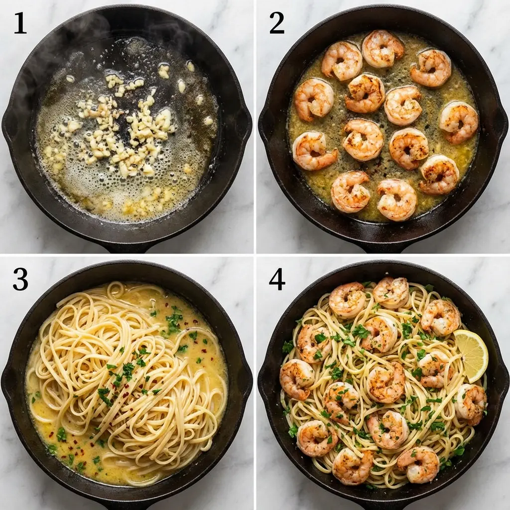 A four-panel image showing the steps to make lemon garlic butter shrimp pasta: sautéing garlic, cooking shrimp, tossing pasta in sauce, and the final dish.