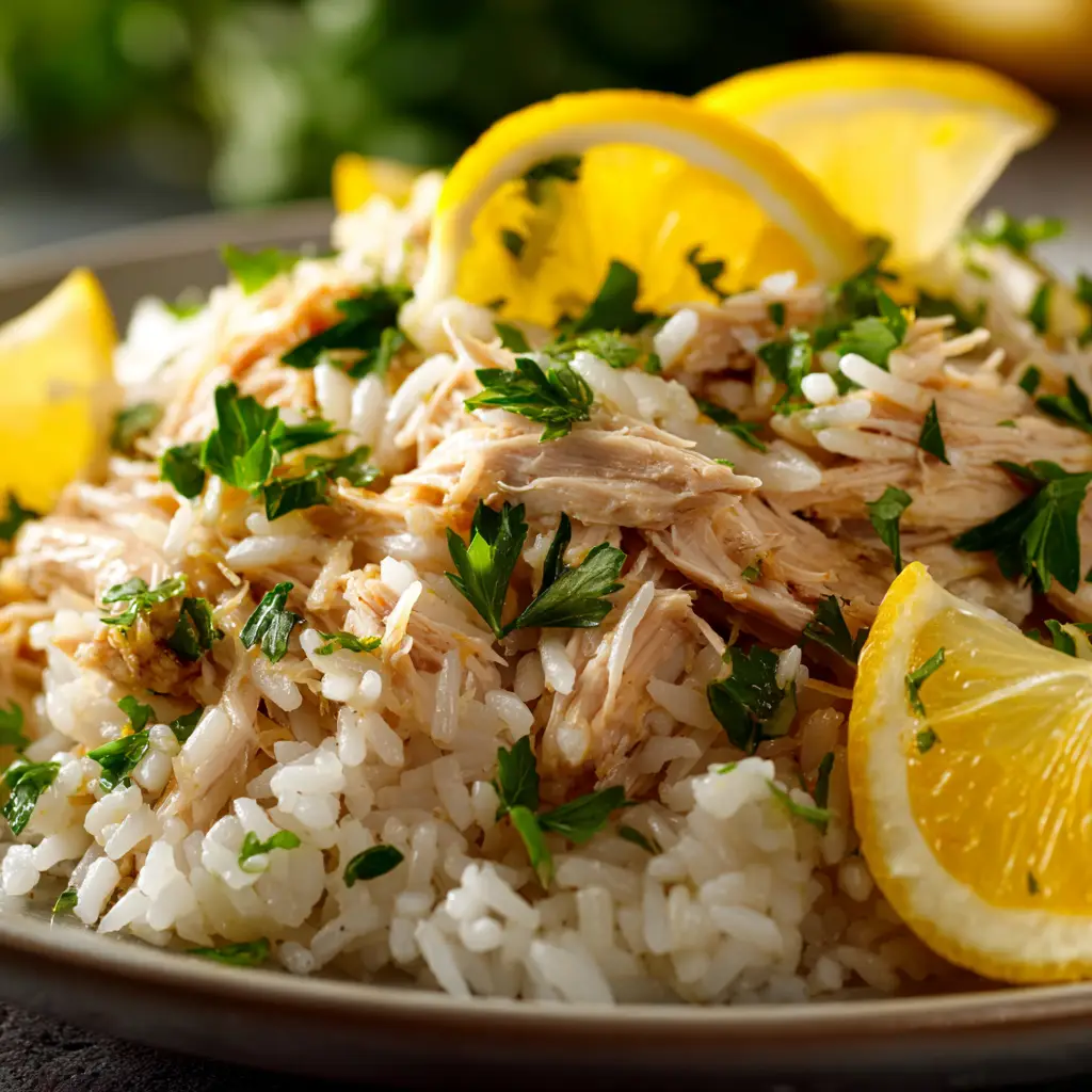 Chicken breasts simmering in the slow cooker with lemon slices and garlic sauce before being cooked, an in-process shot for the recipe.