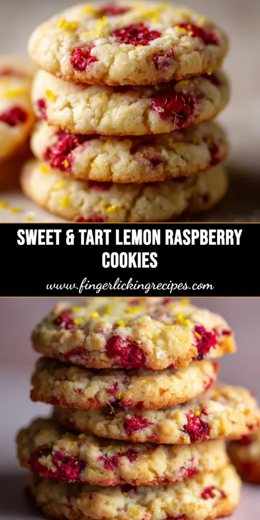 A stack of soft and chewy lemon raspberry cookies on a plate, with fresh lemons and raspberries scattered around.
