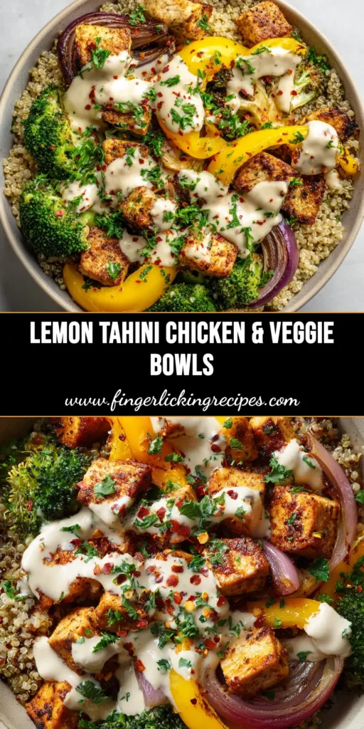 An overhead shot of two Lemon Tahini Chicken and Veggie Bowls, showcasing roasted broccoli, chicken, and peppers over quinoa, generously drizzled with a creamy tahini dressing.