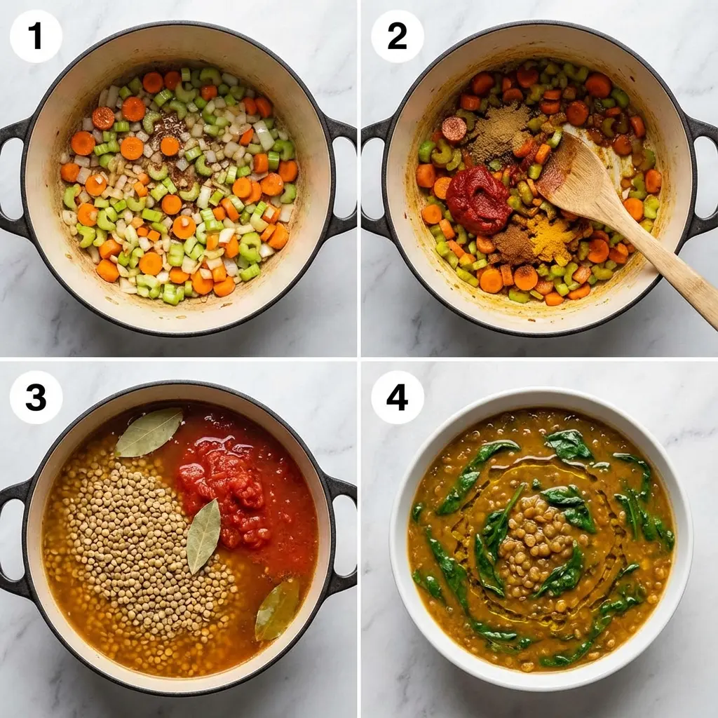 A 4-panel image showing the cooking process for lentil vegetable soup: sautéing vegetables, adding spices, simmering, and finishing with spinach.