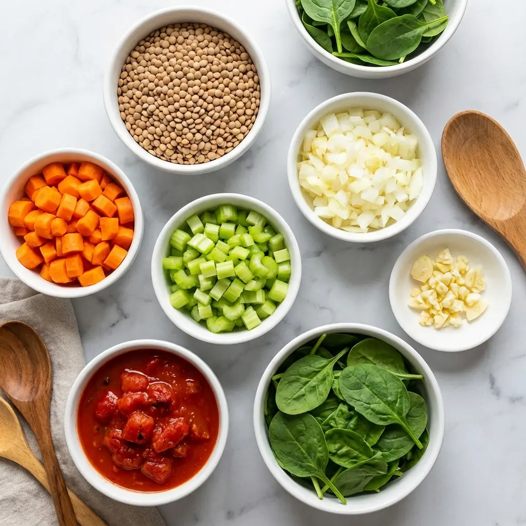 An overhead shot of the fresh ingredients for lentil vegetable soup with tomatoes, including lentils, carrots, celery, onion, and tomatoes.