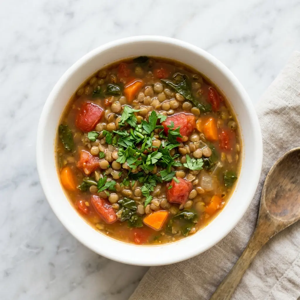 An overhead flat lay photo of a bowl of homemade lentil vegetable soup with tomatoes.