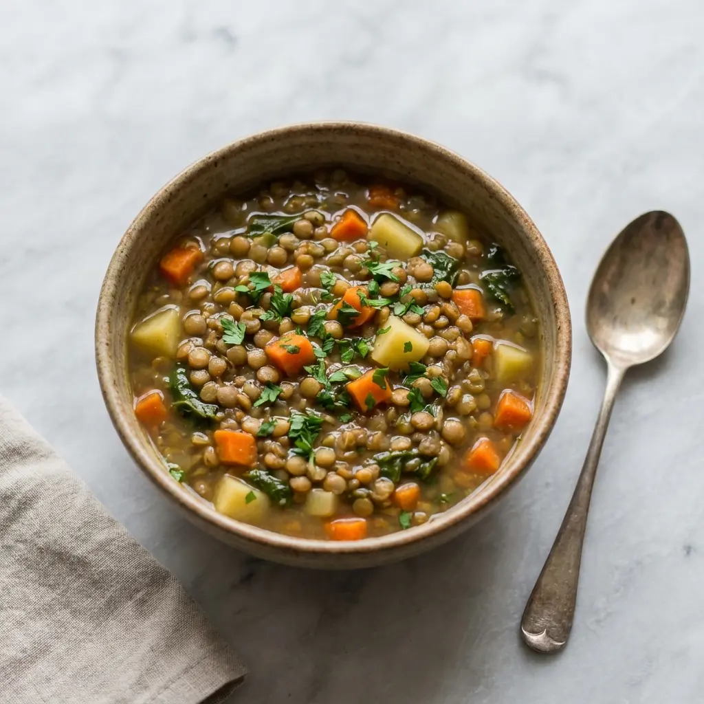 Overhead flat lay view of a finished bowl of lentil vegetable soup on a marble surface.