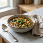 A close-up, slightly elevated shot of a bowl of hearty lentil vegetable soup, garnished with fresh parsley.