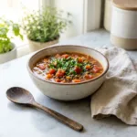 A close-up shot of a bowl of hearty lentil vegetable soup with tomatoes, garnished with fresh herbs.