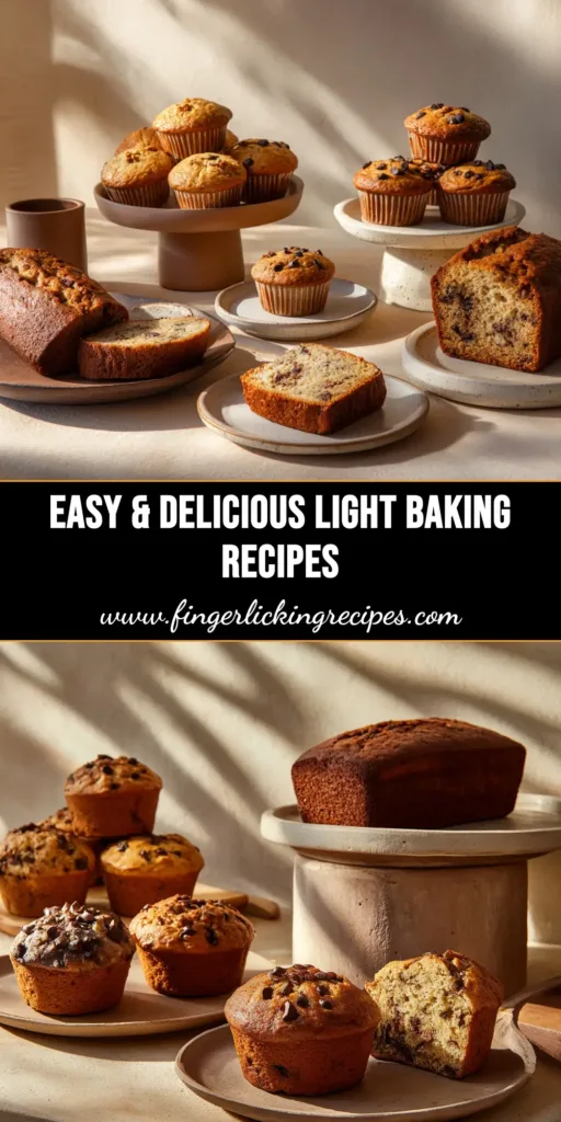 A beautiful overhead shot of light and fluffy blueberry muffins, perfect for anyone looking for light baking recipes. A text overlay reads 'The Ultimate Guide to Light Baking.'