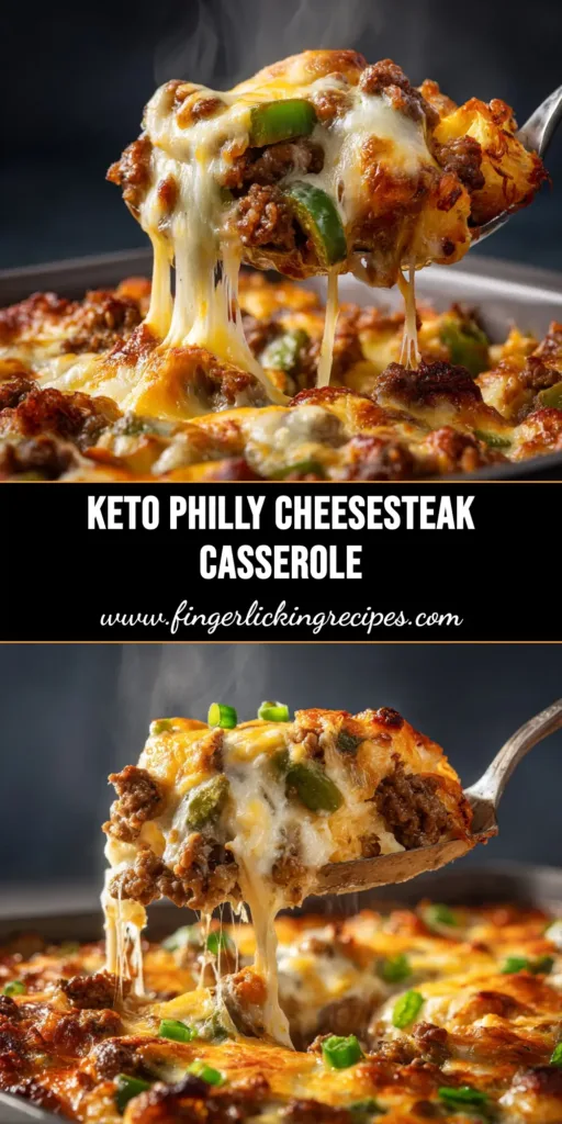A delicious Low Carb Philly Cheesesteak Casserole in a baking dish, topped with melted provolone cheese and ready to be served. A perfect keto-friendly dinner.