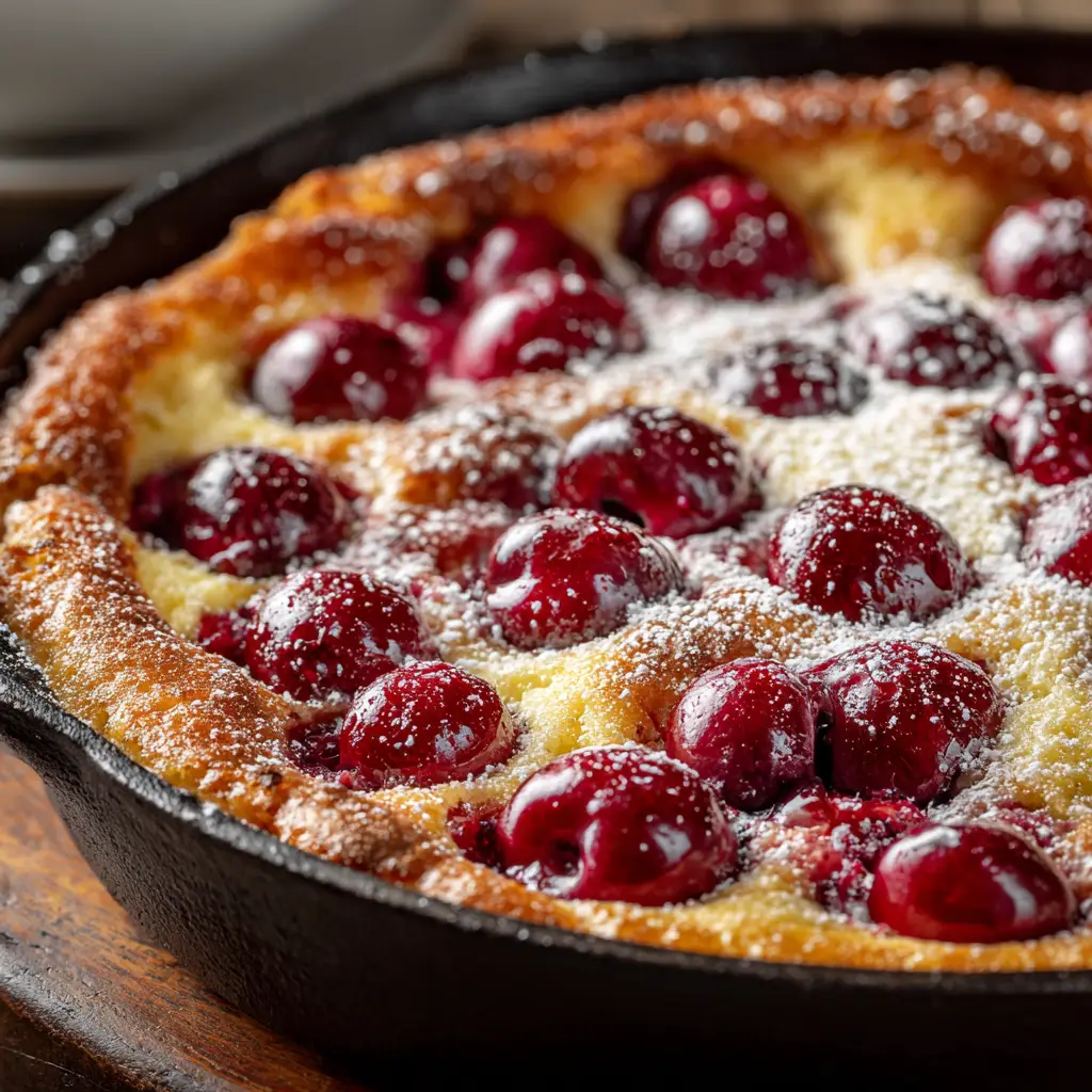 Cherry Clafoutis Recipe (Classic French Dessert) 2 The simple batter for the Cherry Clafoutis Recipe being poured over fresh cherries in a skillet.