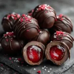 A batch of freshly dipped chocolate covered cherries setting on a piece of parchment paper, showing the process of making the homemade candy.