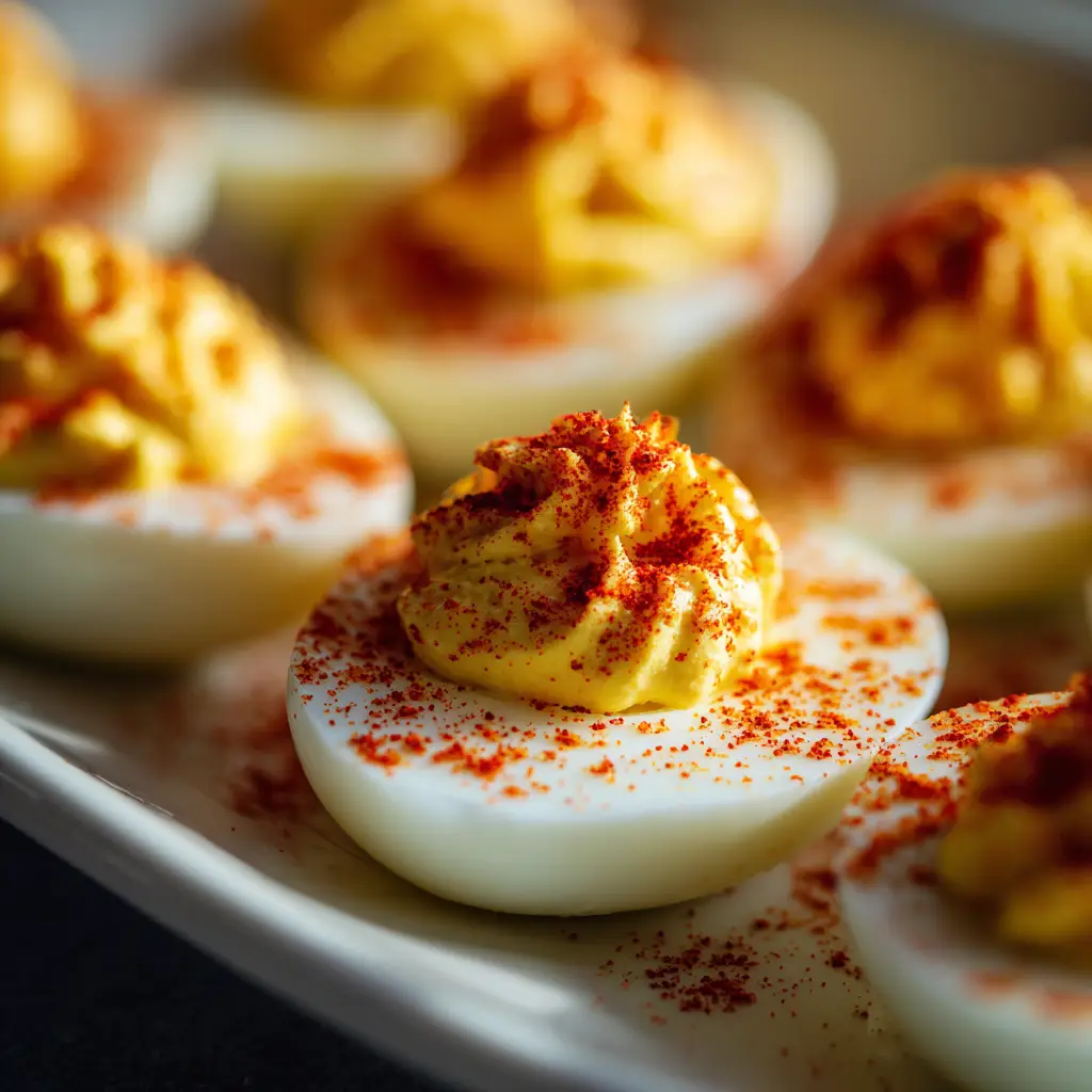 A tray of classic deviled eggs being prepared, showing the process of filling the egg whites with the creamy yolk mixture.
