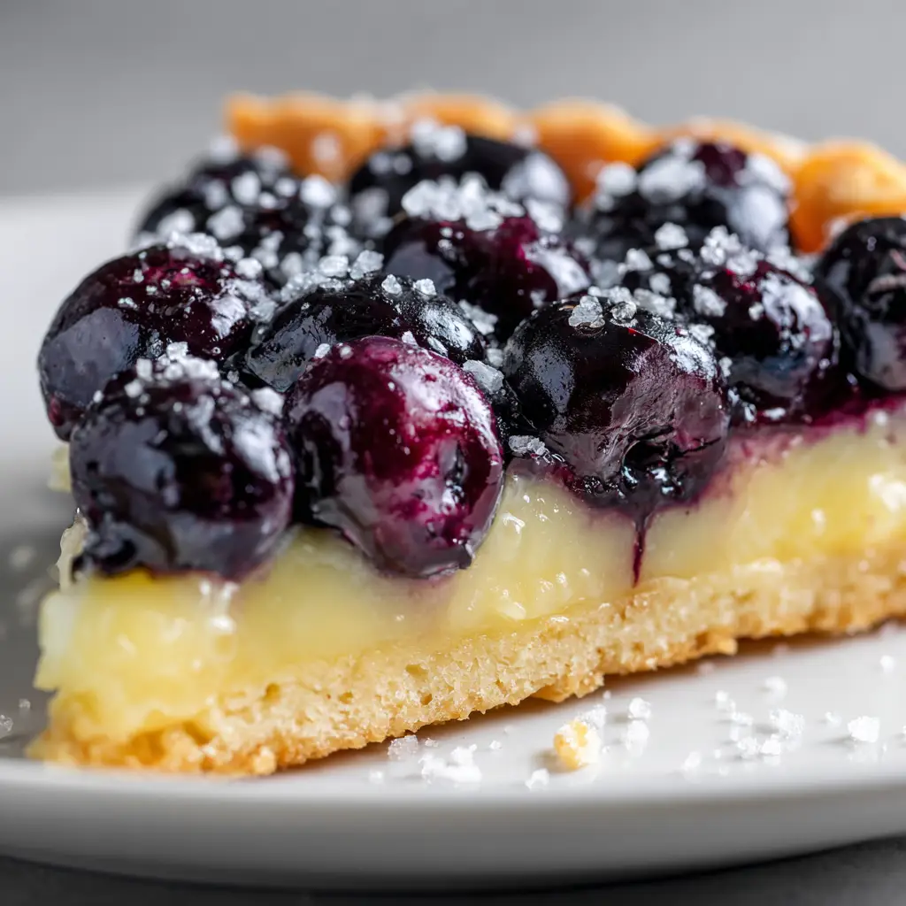 The lemon blueberry filling being poured into the blind-baked shortbread crust before baking.