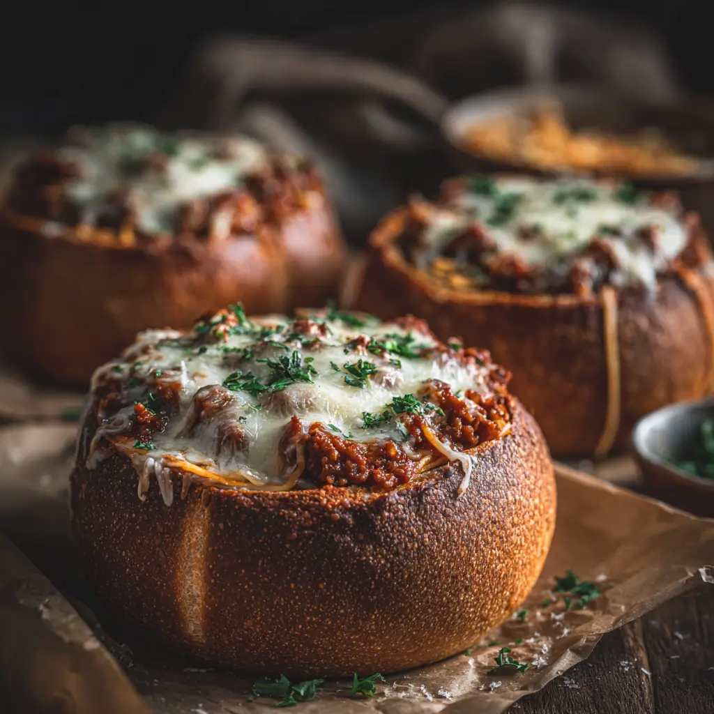 A side view of a spaghetti garlic bread bowl, showcasing the crispy bread texture and generous filling.