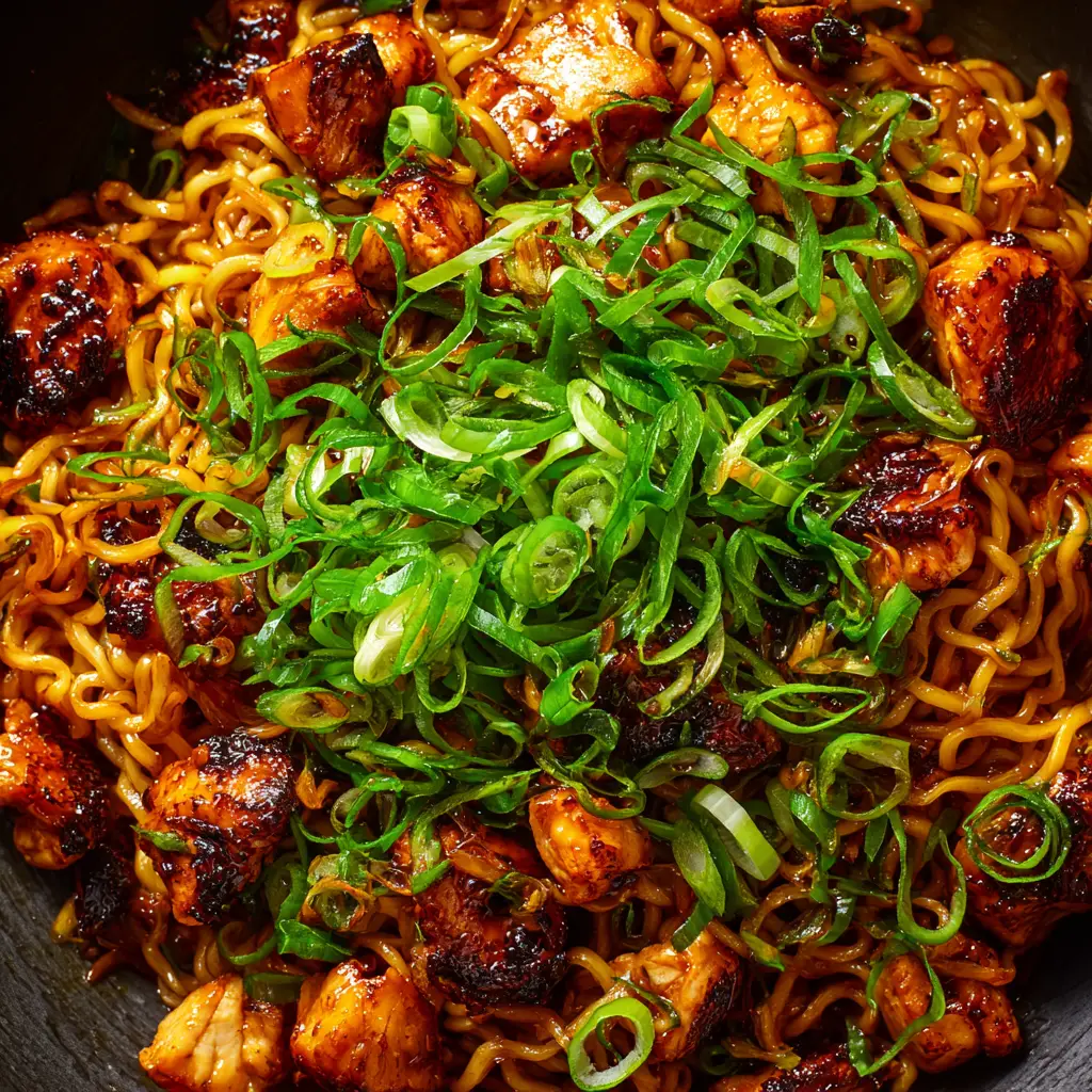 A serving of easy garlic chicken noodles being tossed in a skillet, with the sticky sauce coating every piece.