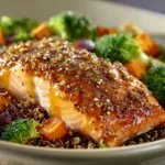 A close-up of a perfectly cooked maple mustard glazed salmon fillet, showing the caramelized texture.
