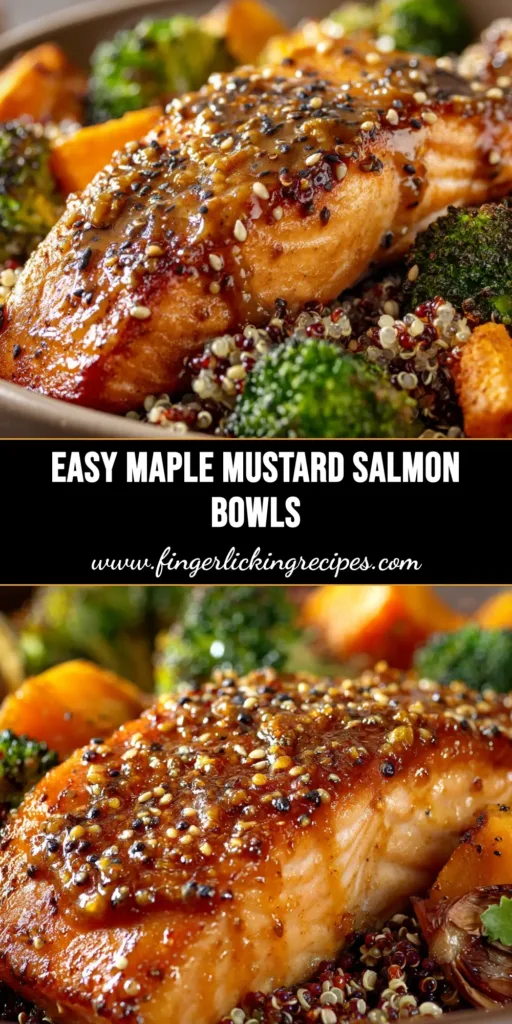 A beautiful overhead shot of Maple Mustard Salmon Bowls, with flaky salmon, roasted broccoli, and quinoa in a white bowl.