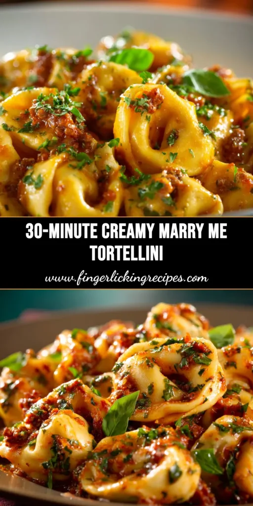 An overhead shot of a skillet filled with creamy Marry Me Tortellini, garnished with fresh basil. The perfect easy and romantic dinner recipe.