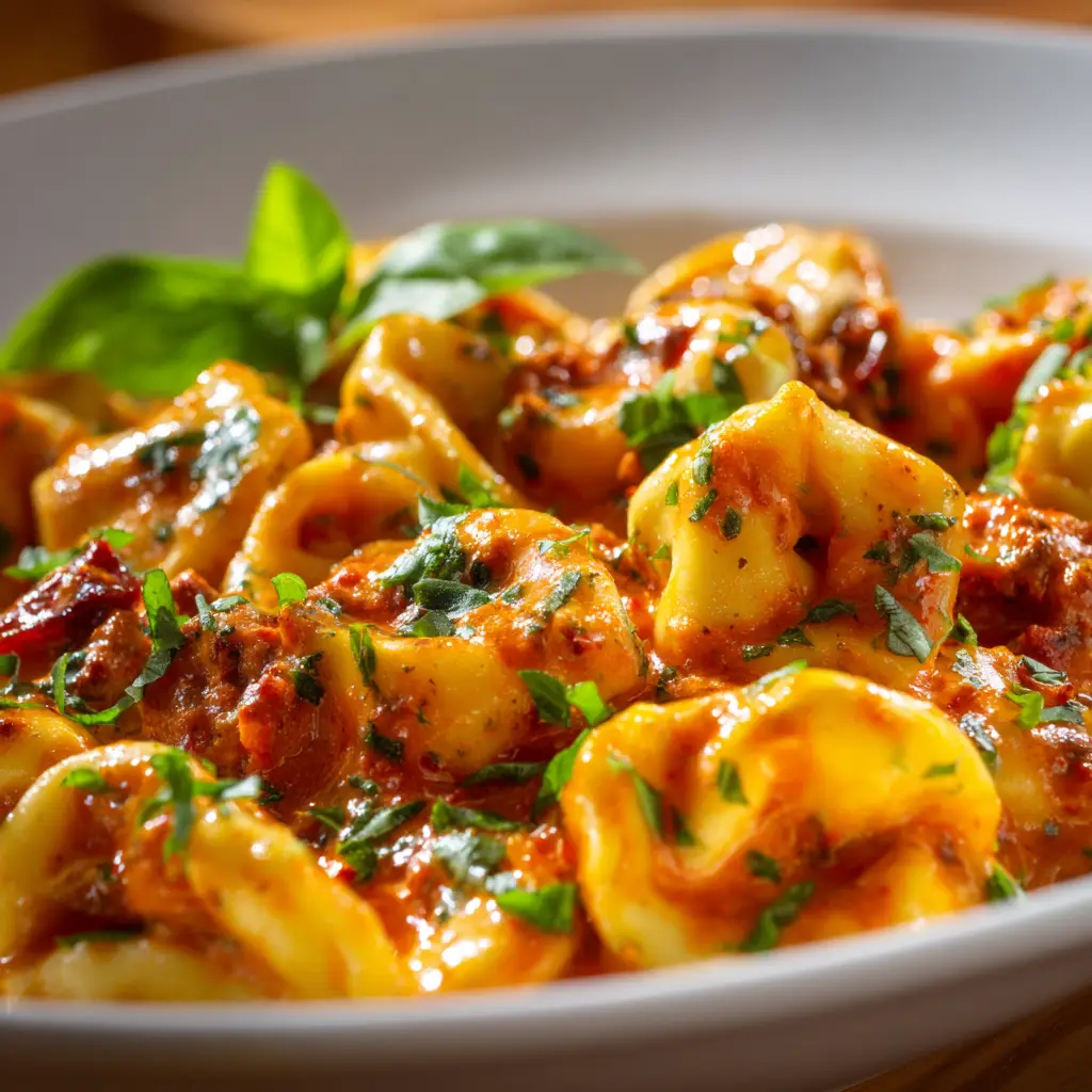 A spoonful of Marry Me Tortellini being lifted from a skillet, showcasing the melted parmesan and creamy texture of the dish.