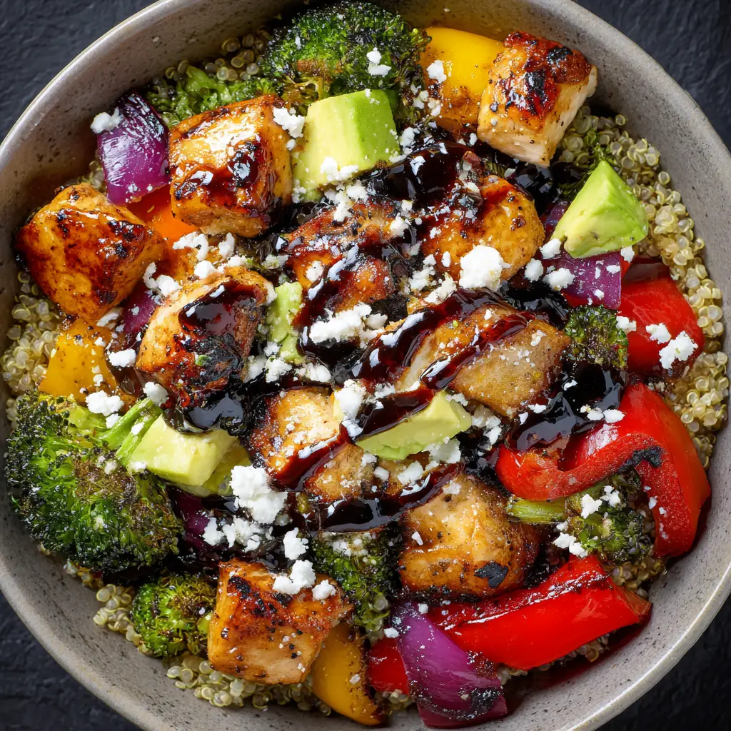 Assembling the roasted chicken quinoa bowl, with sliced chicken being placed on a bed of fluffy quinoa and roasted vegetables.