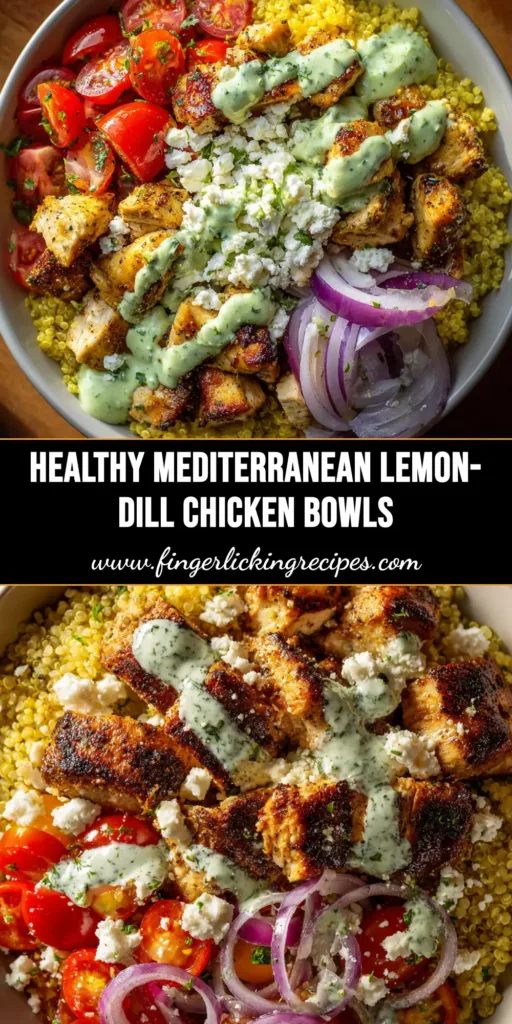 An overhead shot of four vibrant Mediterranean chicken bowls ready to be served. The bowls are filled with quinoa, lemon-herb chicken, tomatoes, cucumbers, and feta, perfect for a healthy dinner.