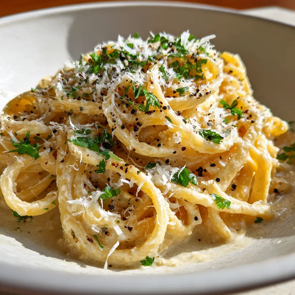 A fork twirling linguine coated in a glossy miso pasta sauce, ready to be eaten from the bowl.
