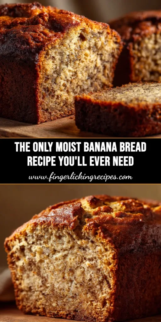 A perfectly baked loaf of moist banana bread recipe on a wooden board, with one slice cut to show the tender texture inside.