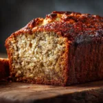 A close-up shot of a thick slice of moist banana bread, highlighting the soft, tender crumb and texture.
