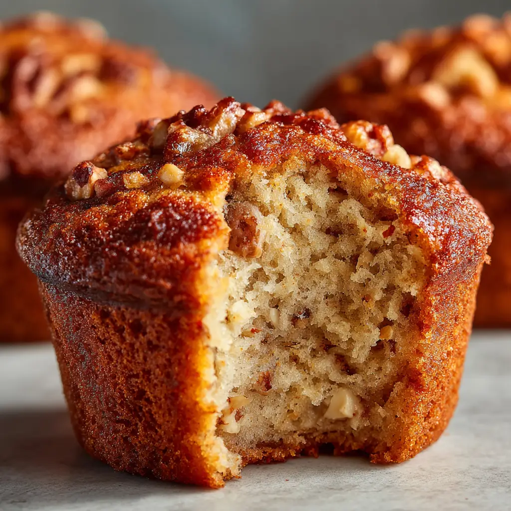 The soft and moist crumb texture of a banana bread muffin made with Greek yogurt, split in half.