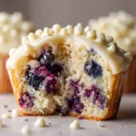 A close-up view of a blueberry cupcake with white chocolate frosting, showing the moist and tender crumb filled with fresh blueberries.