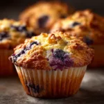 An extreme close-up of a fluffy blueberry muffin split in half, revealing a moist and tender crumb packed with juicy blueberries.