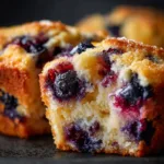 A macro shot of a moist blueberry muffin made with Greek yogurt, highlighting the tender crumb and juicy blueberries inside.