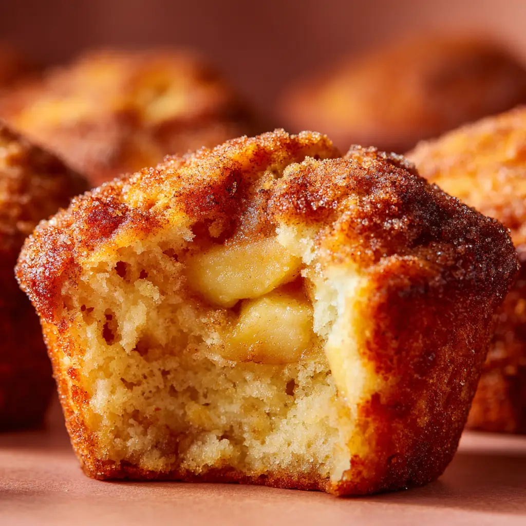 An apple cinnamon muffin being broken in half to reveal a moist and fluffy interior filled with tender pieces of apple.