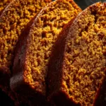 A close-up shot of several thick slices of homemade pumpkin bread, highlighting the incredibly moist and tender crumb.