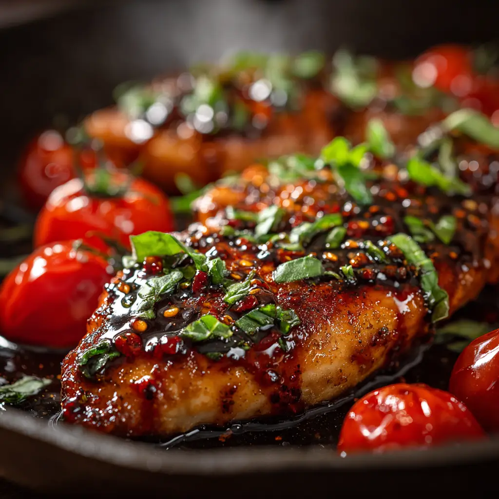 A skillet filled with balsamic chicken and veggies, showcasing burst cherry tomatoes and tender-crisp asparagus in the glaze.