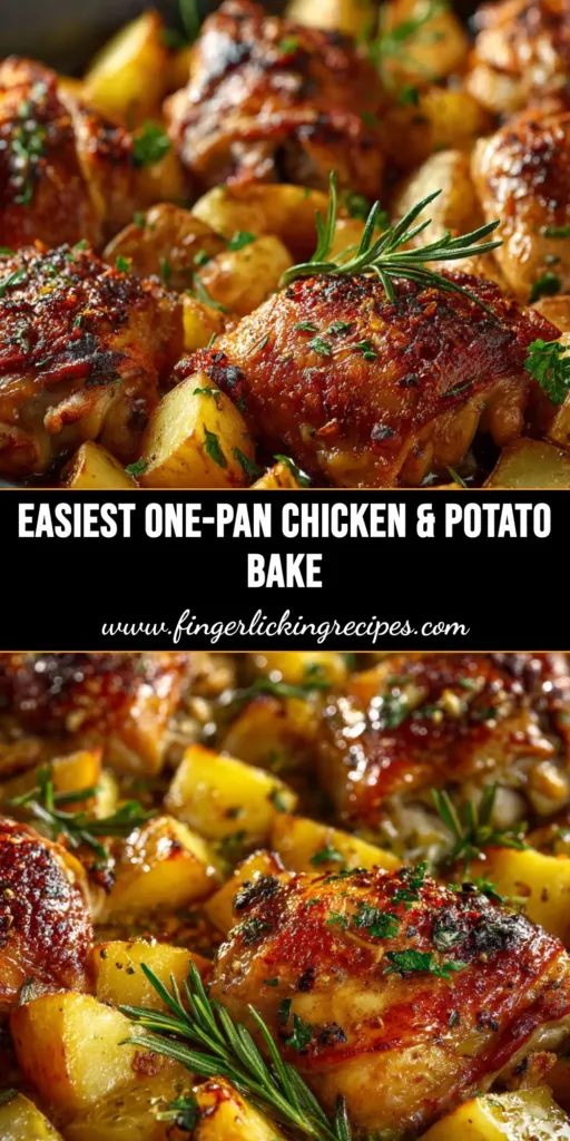 A delicious One-Pan Chicken and Potato Bake on a rustic sheet pan, with perfectly roasted chicken thighs and golden, crispy potatoes, ready to be served.