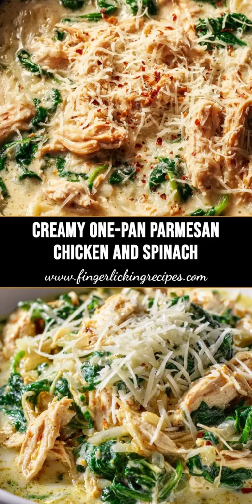 One-Pan Creamy Parmesan Chicken (The Easiest 30-Minute Dinner) 4 A skillet of One-Pan Creamy Parmesan Chicken, with juicy chicken breasts in a rich cream sauce with spinach, ready to be served.