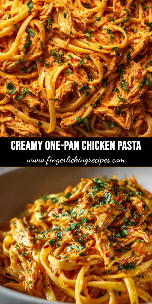 A top-down view of a skillet filled with One-Pan Creamy Tomato Chicken Pasta, garnished with fresh basil leaves.