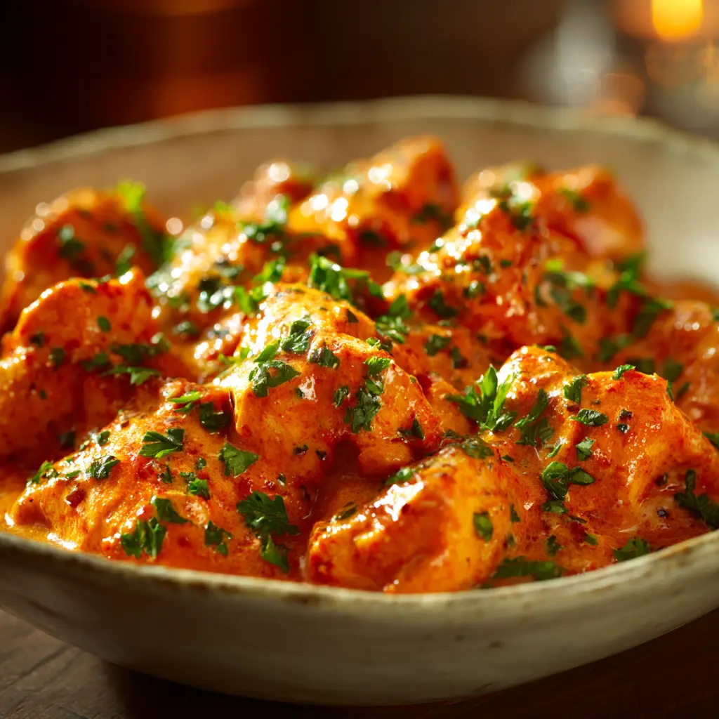 The finished one-pan creamy tomato chicken simmering in a skillet, garnished with fresh basil. This shows how easy the clean-up is.
