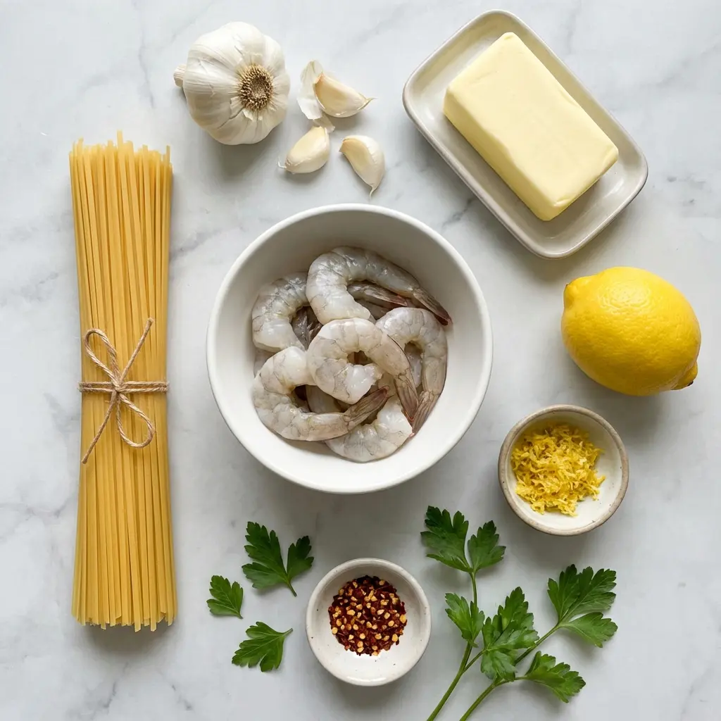 One Pan Garlic Butter Shrimp Pasta (Ready in 20 Minutes!) 2 Ingredients for one pan garlic butter shrimp pasta laid out on a marble surface.
